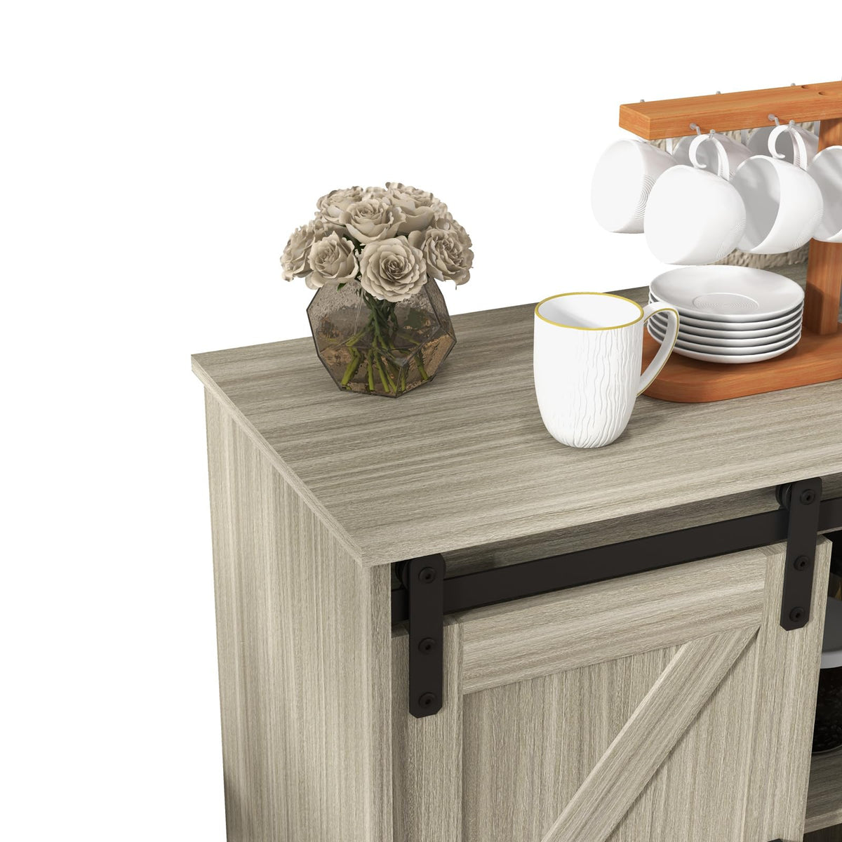 Panana Sliding Barn Door Buffet Sideboard Storage Cabinet Coffee Bar Kitchen Farmhouse Style (Oak)
