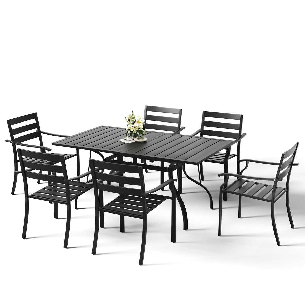 HOMREST 7 Piece Outdoor Patio Dining Set for 6, 63" Rectangular Metal Table with Umbrella Hole and Storage Shelf, Stackable Steel Chairs, Large Patio Furniture Set for Deck/Backyard/Poolside/Garden