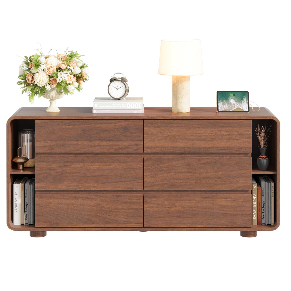 Whalefall 63 Inch 6 Drawer Dresser with Shelves, Rounded Corner, Walnut