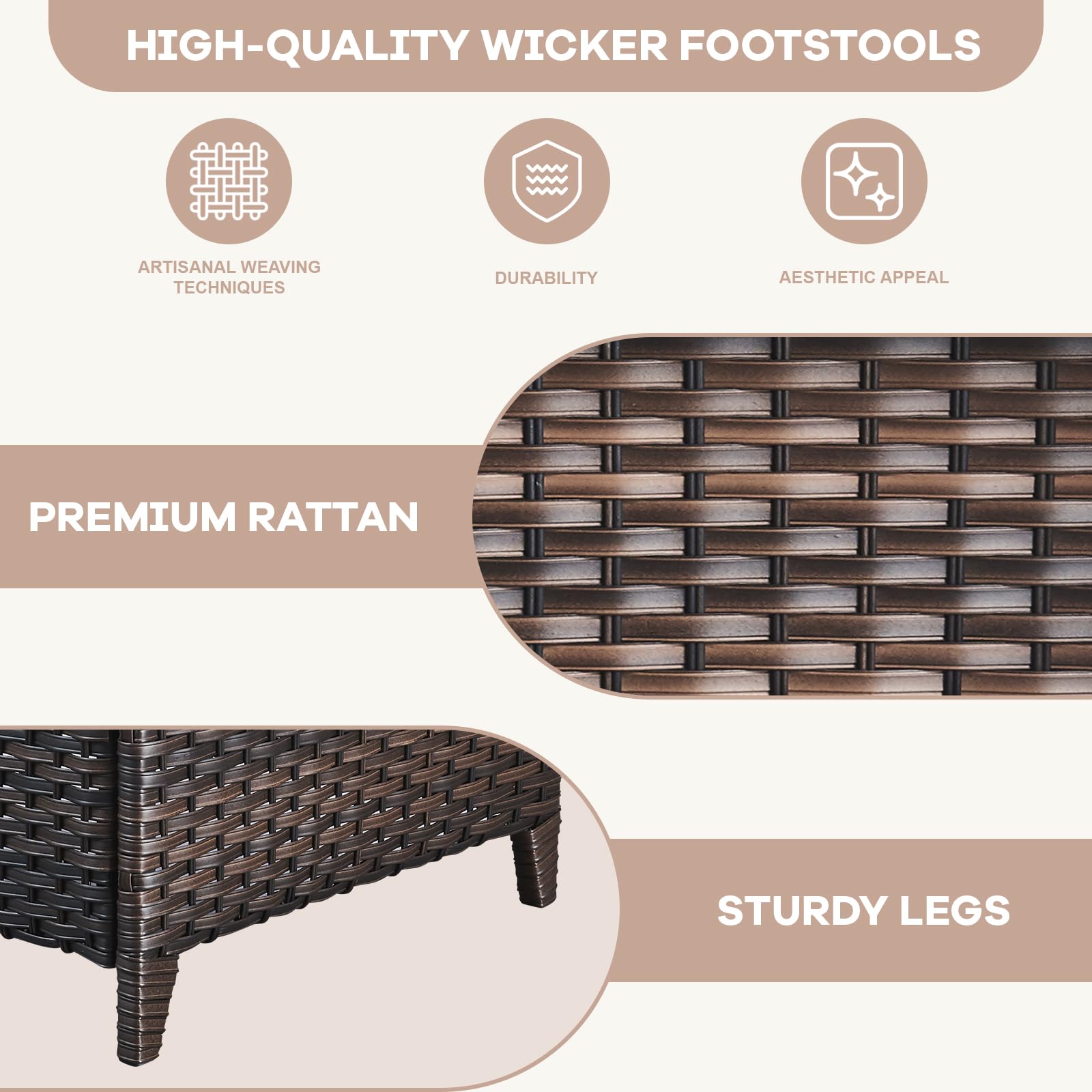 Outdoor Wicker Ottoman Set of 2 with Cushions
