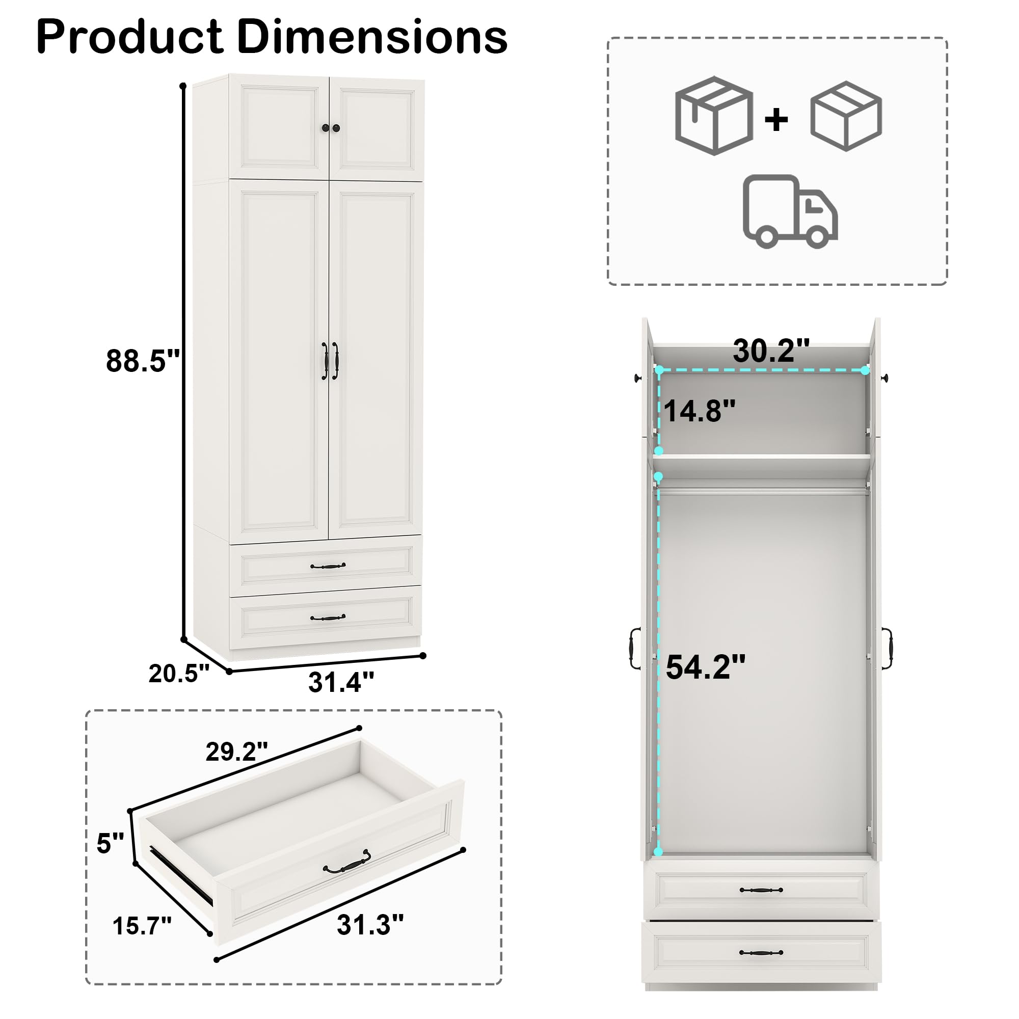 LABROSKIA Armoire Wardrobe Closet with Doors: 89" Extra Tall White Wardrobe with Storage on Top, Bedroom Armoires with 2 Doors and 2 Drawers, Large Wood Closet Armoire for Hanging Clothes