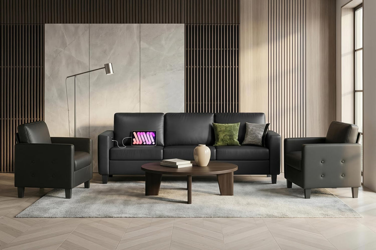 Black Faux Leather Sofa and Chair Set