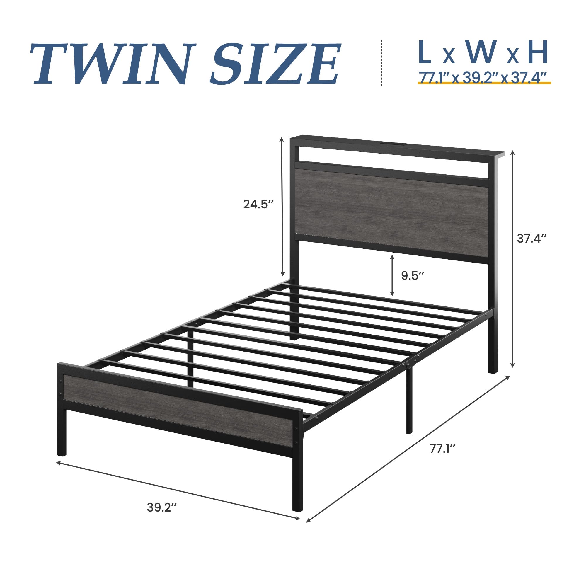 Fluest Twin Bed Frame with Headboard & Footboard, Twin Bed Frame with Charging Station & LED Light, Under-Bed-Storage, No Box Spring Needed, Noise Free, Easy Assembly, Rustic Grey