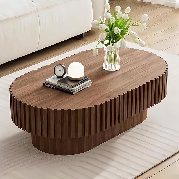 Round Fluted Coffee Table with Glass Top & Hidden Storage