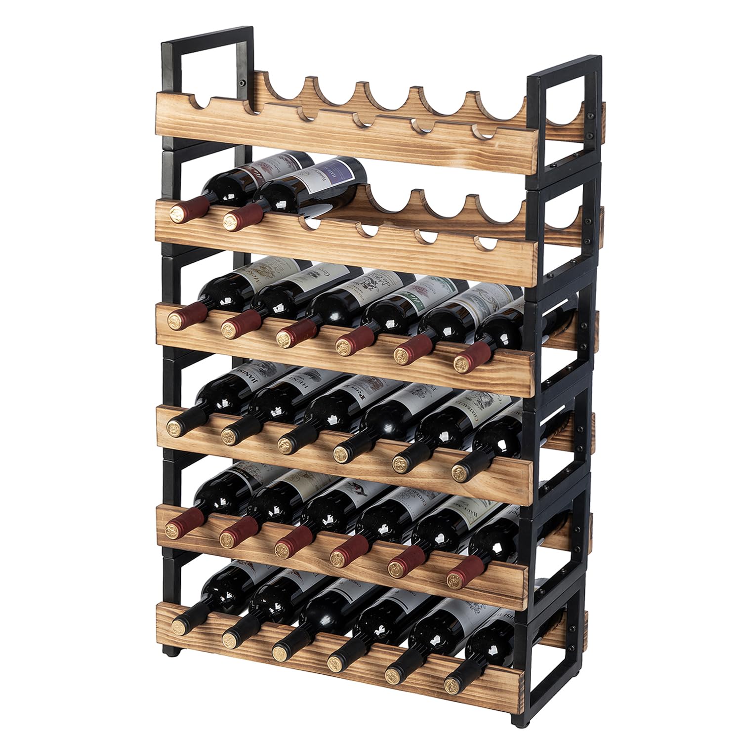 MyGift 6-Tier Wine Rack for 36 Bottles – Freestanding Industrial Wine Bottle Holder with Burnt Wood Shelves & Black Metal Frame – Large Horizontal Storage Stand for Home Bar, Kitchen, Cellar