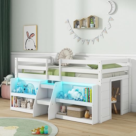 Twin Low Loft Bed with LED Lights, Stairs & Bookcase