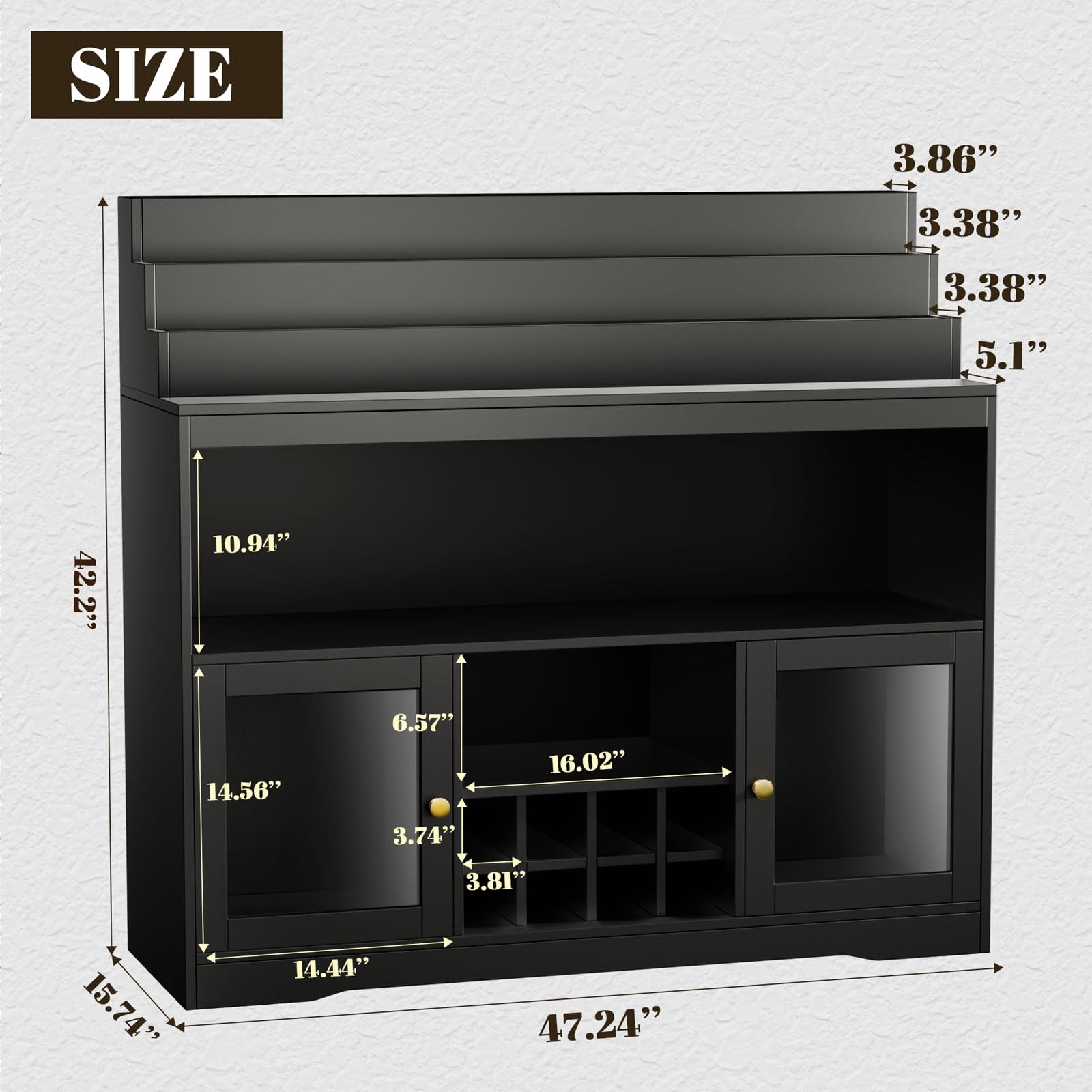 Loomie Wine Bar Cabinet with LED Lighted Liquor Bottle Display Shelf, Liquor Cabinet with Glass Holder, Coffee Bar for Liquor, Storage Buffet with Wine Racks, Wine Cabinet with Door (Black)