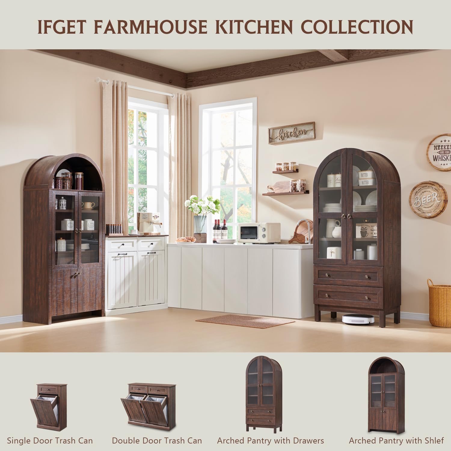 Tall Arched Kitchen Pantry Cabinet with Glass Doors