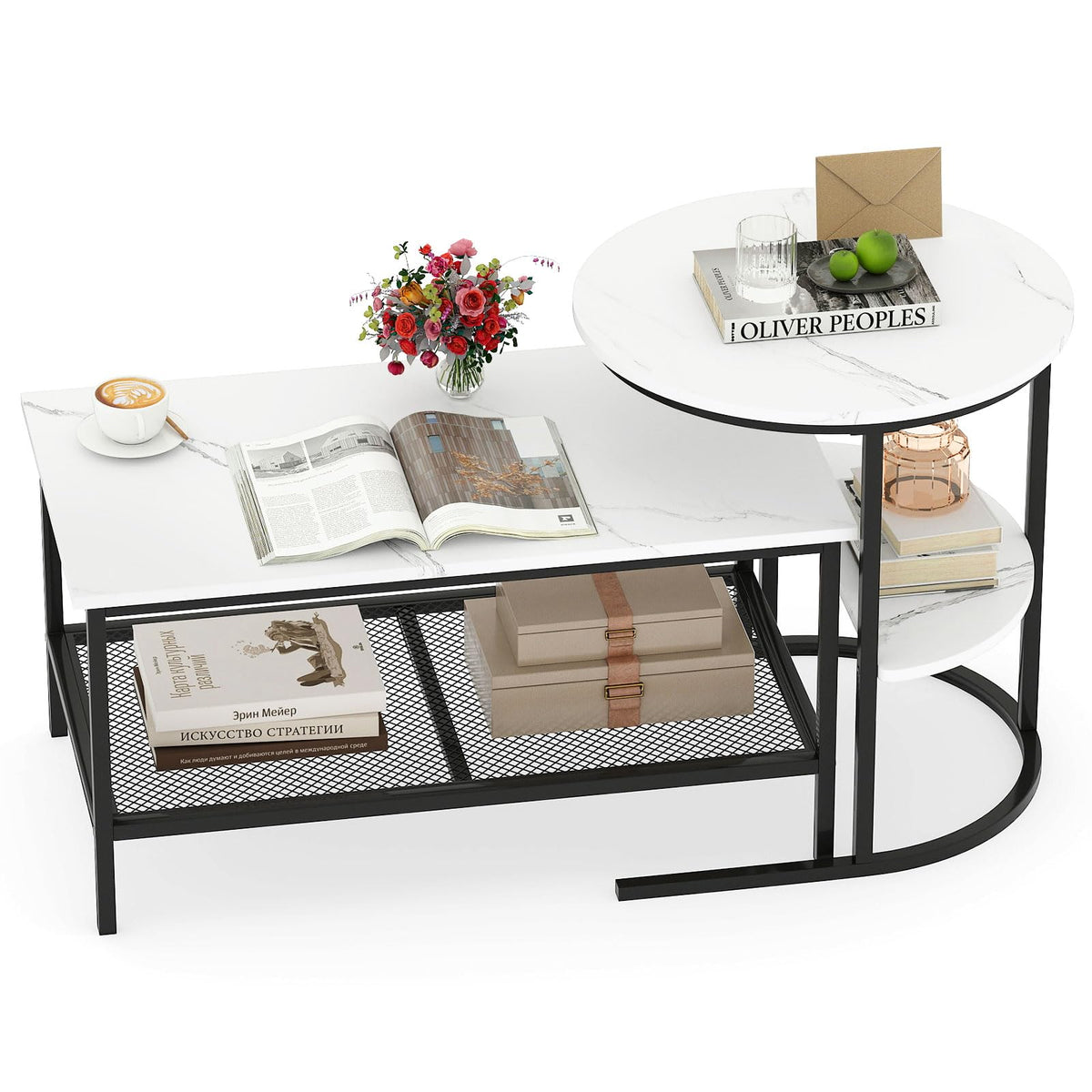 GOFLAME Nesting Coffee Table Set of 2, 2 PCS Nesting Tables with Faux Marble Top and Extra Storage Shelf, Modern Round End Table & Rectangular Coffee Tables for Living Room, Bedroom, Black+White