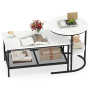 GOFLAME Nesting Coffee Table Set of 2, 2 PCS Nesting Tables with Faux Marble Top and Extra Storage Shelf, Modern Round End Table & Rectangular Coffee Tables for Living Room, Bedroom, Black+White