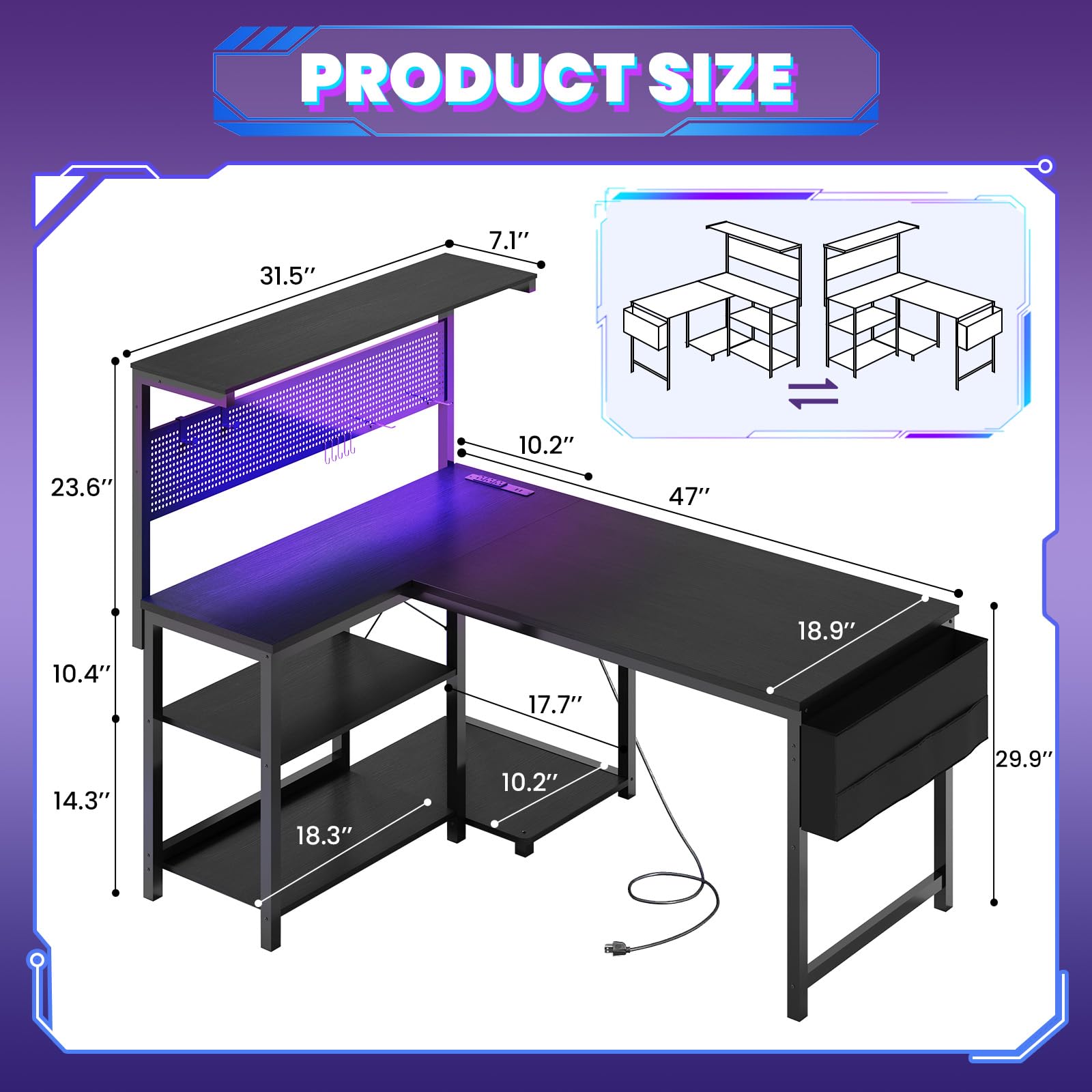 L-Shaped Gaming Desk with LED Light & Power Outlet, 47 Inch