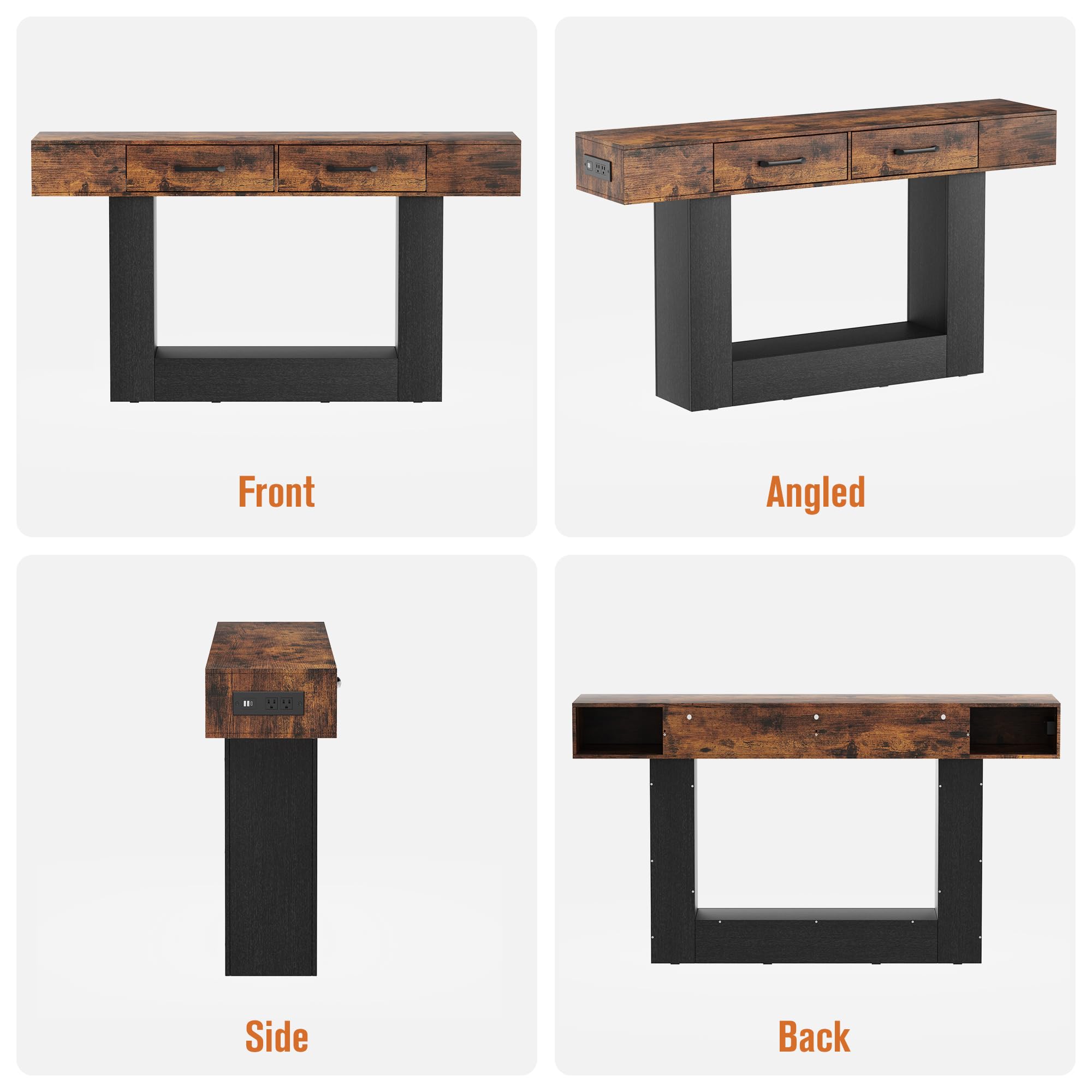 63" Long Console Table with LED Lights & Charging Station,2-Tier Entryway Table with Drawers and Open Storage Shelf for Entry Way,Farmhouse Sofa Table with Heavy Duty Base for Hallway, Foyer(Brown)