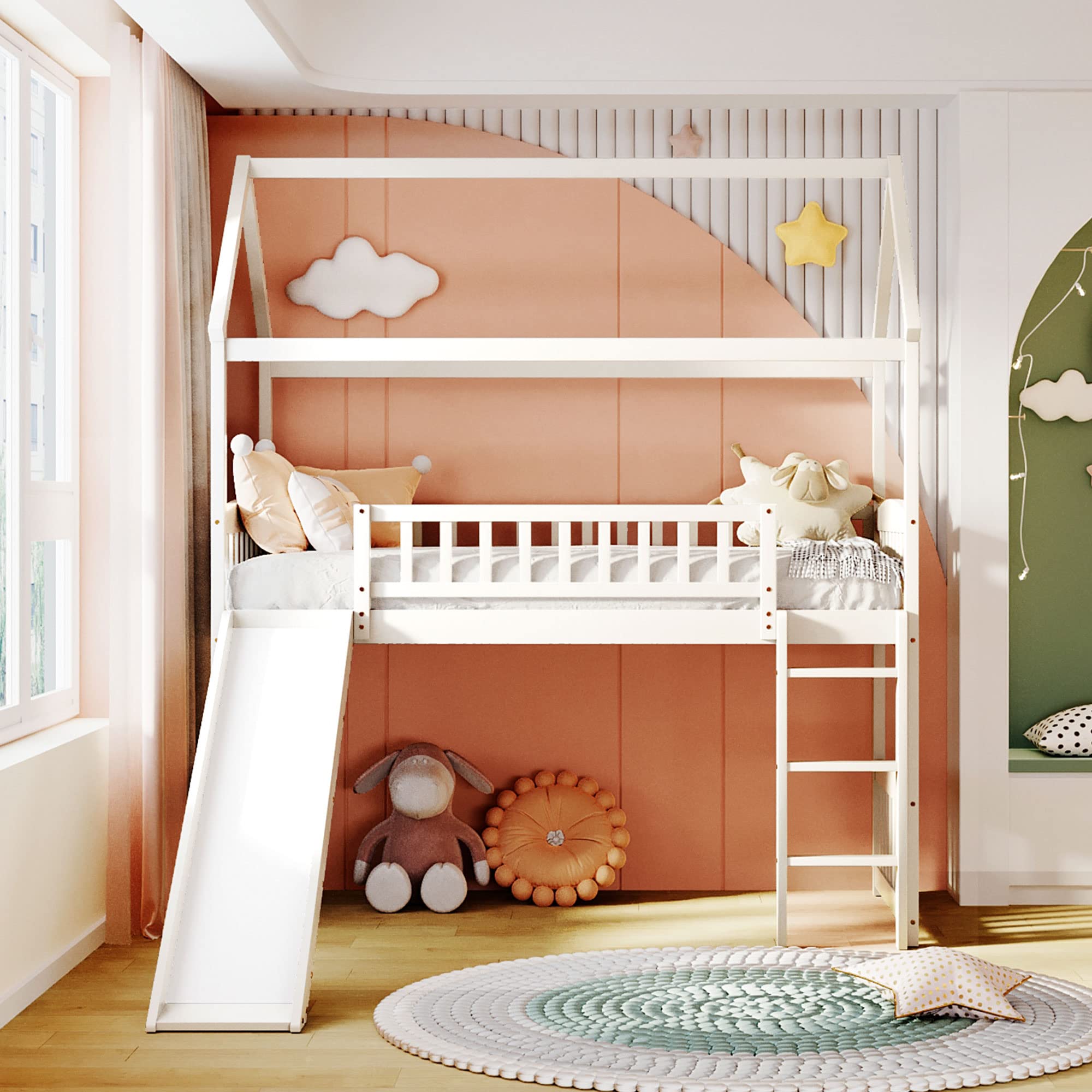 Twin Loft Bed with Slide & Playhouse Design
