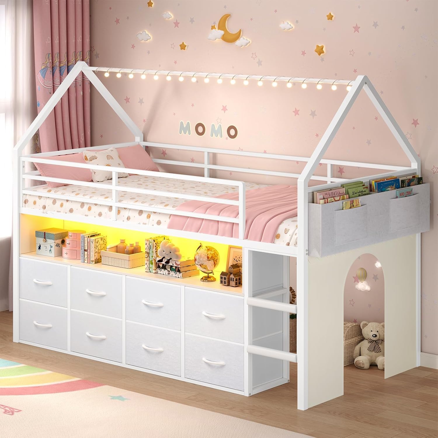 Twin Low Loft Bed with 8 Storage Drawers, LED Lights & House Design