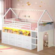 Twin Low Loft Bed with 8 Storage Drawers, LED Lights & House Design