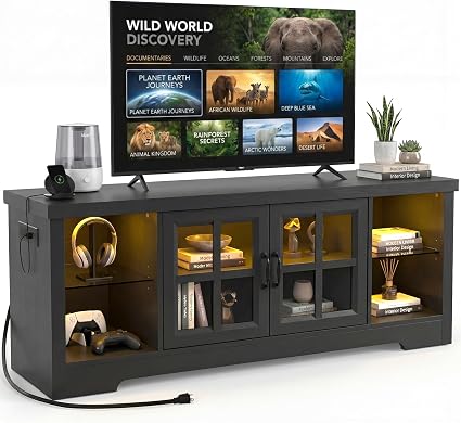 55" TV Stand with LED Lights, Power Outlet & Glass Cabinet