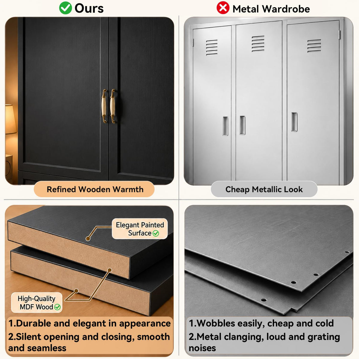 AXCIGOC 72" Wooden Armoire Wardrobe Closet with 3 Door Black Bedroom Armoire with LED Light 3 Drawers Large Modern Wardrobe Cabinet with Retro Ceramic Door Handles and Removable Hanging Rod