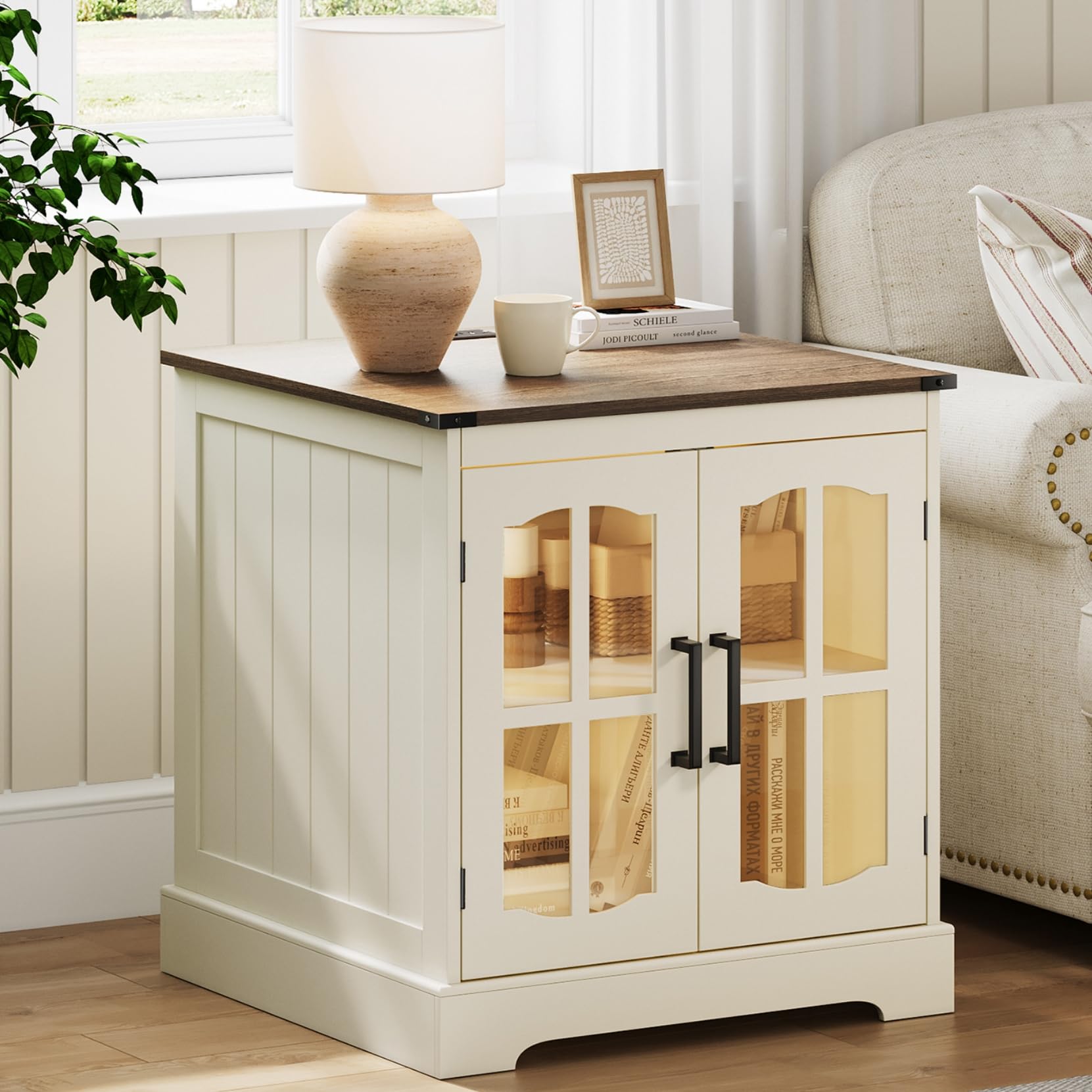 Farmhouse End Table with LED & Charging Station