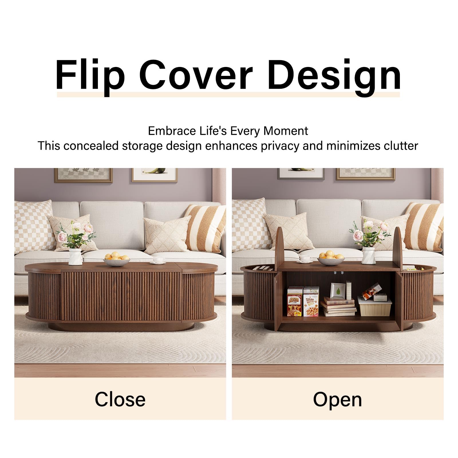 Oval Fluted Coffee Table with Flip-Top Storage