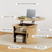 FABATO Round Lift Top Coffee Table, Fluted Wood Accent Coffee Table with Hidden Storage and Open Shelves, Drum Table with Sliding Rolling Door, Small Center Table Dining Table for Living Room, Wood