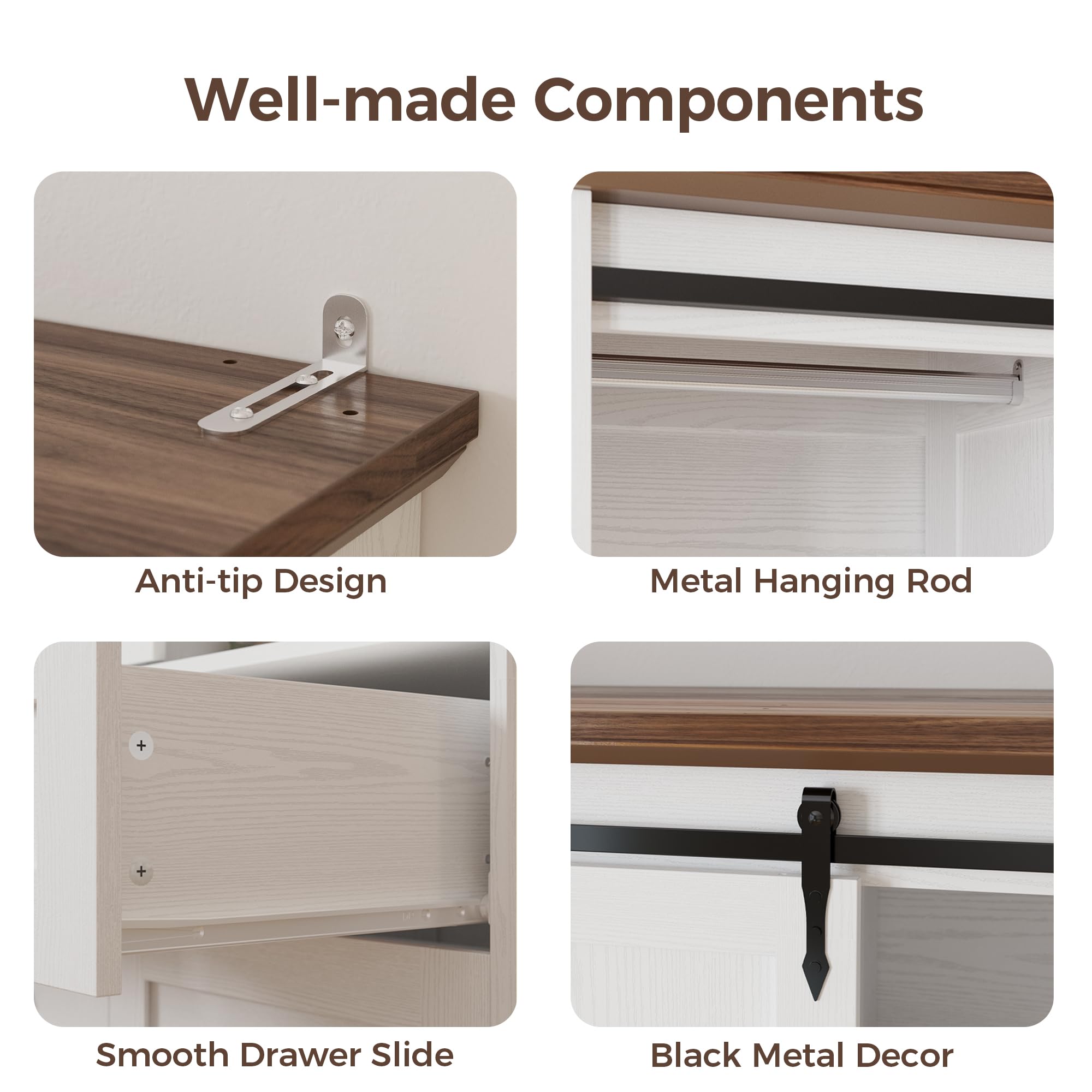 Sliding Barn Door Wardrobe with Drawers & Hanging Rod