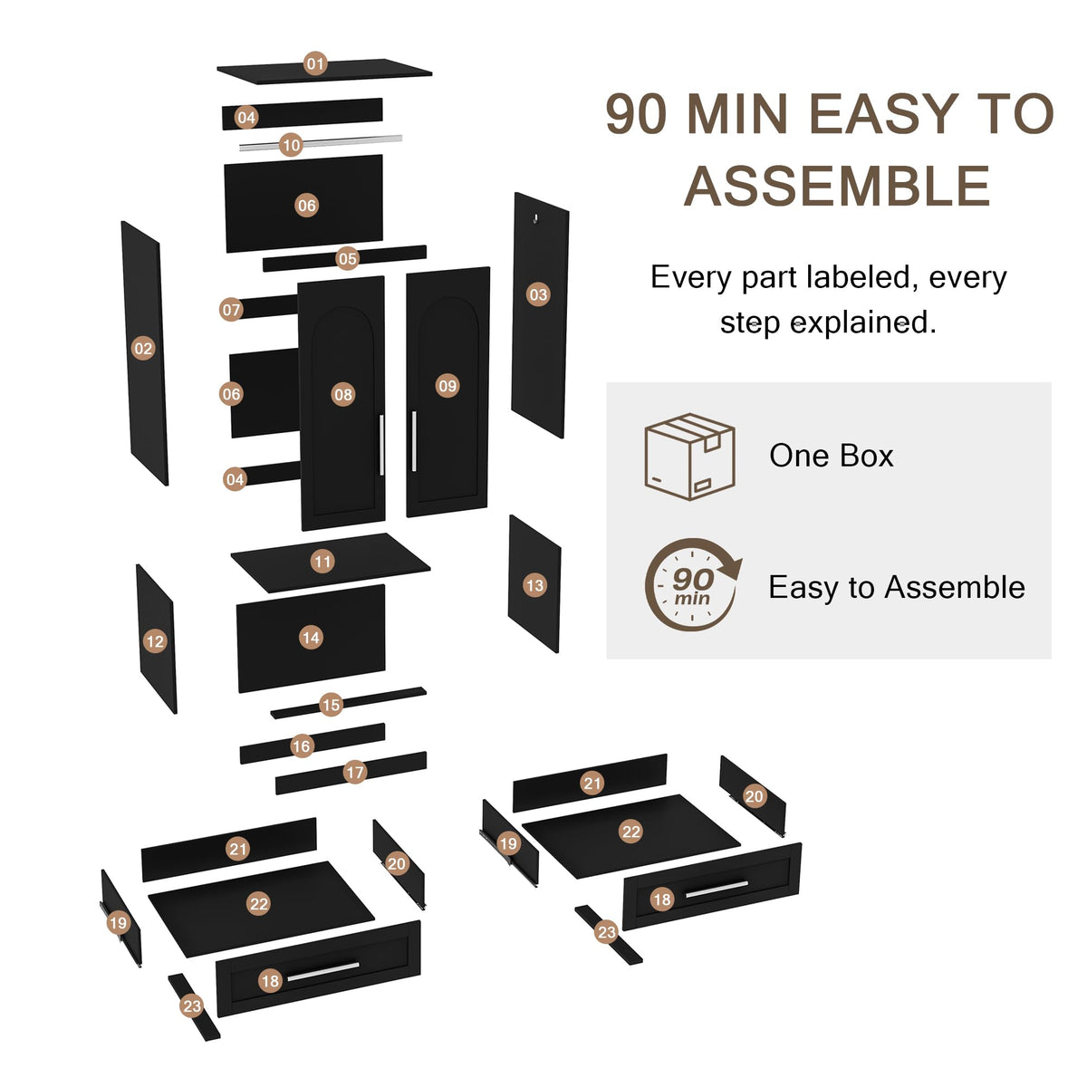 Einhomn Wooden Armoire Wardrobe Closet with 2 Doors and 2 Drawers,Freestanding Armoire Storage Cabinet with Shelves,Tall Clothing Storage Cabinet Suitable for Bedroom,Black
