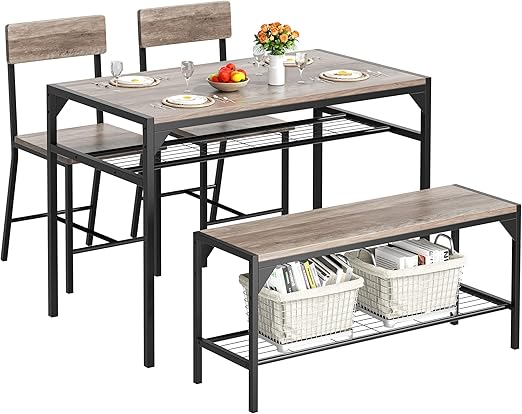 4-Piece Dining Table Set with Bench & Storage Rack