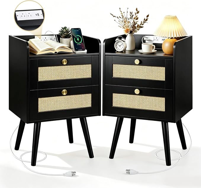 Rattan Nightstands with Charging Station, Set of 2