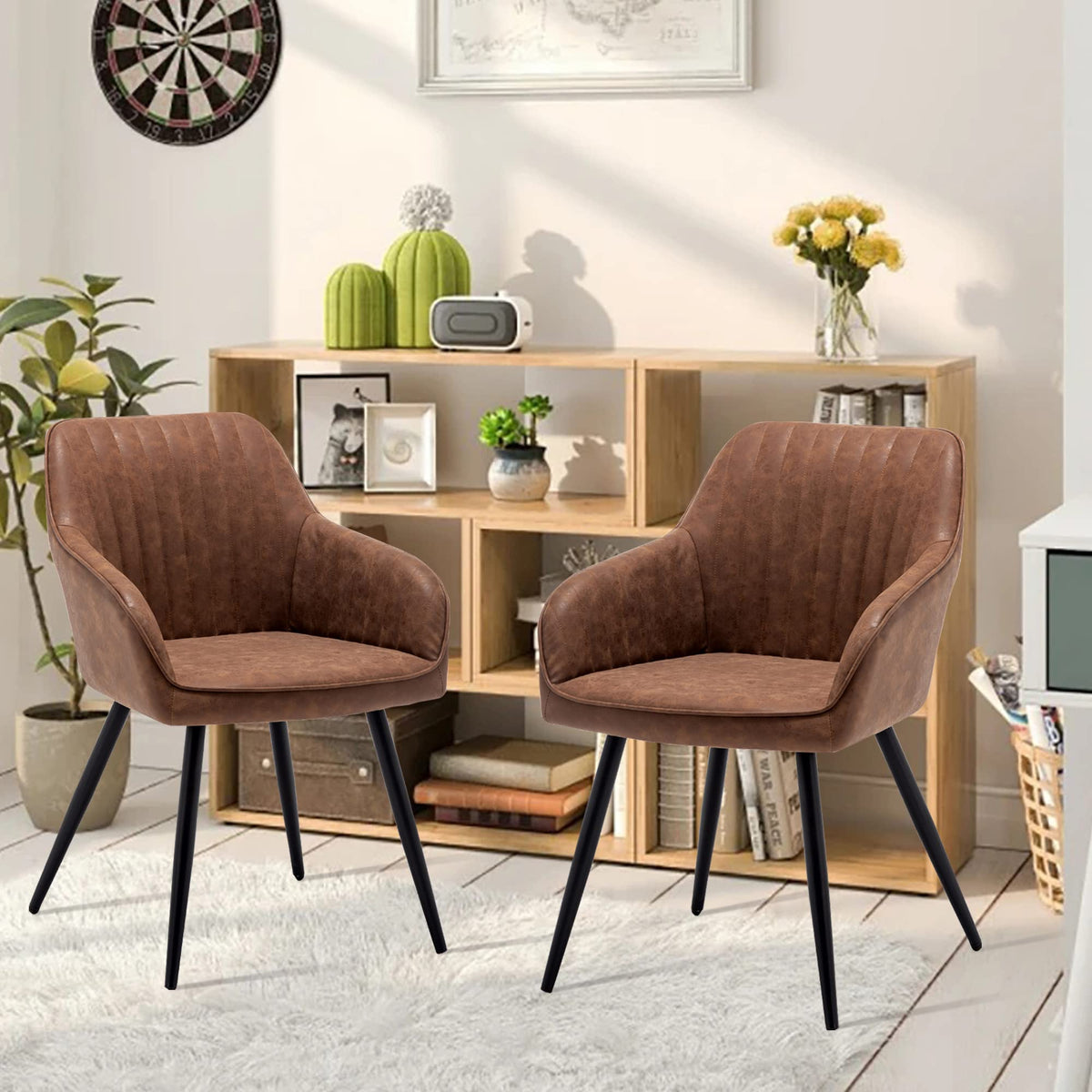 Faux Leather Accent Chair Set of 2 Upholstered Living Room Chairs Brown