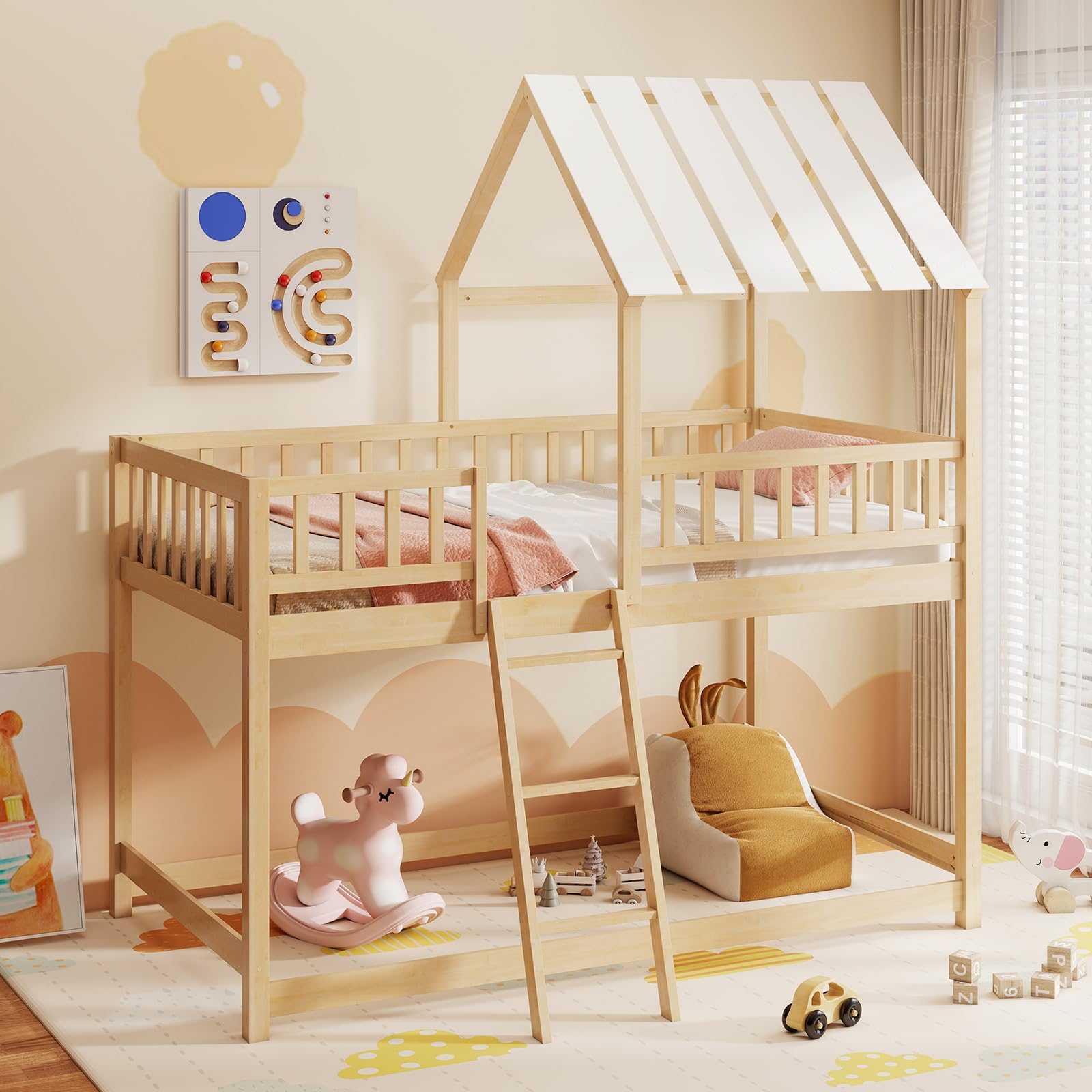 Twin Over Twin House Bunk Bed with Roof & Guardrails