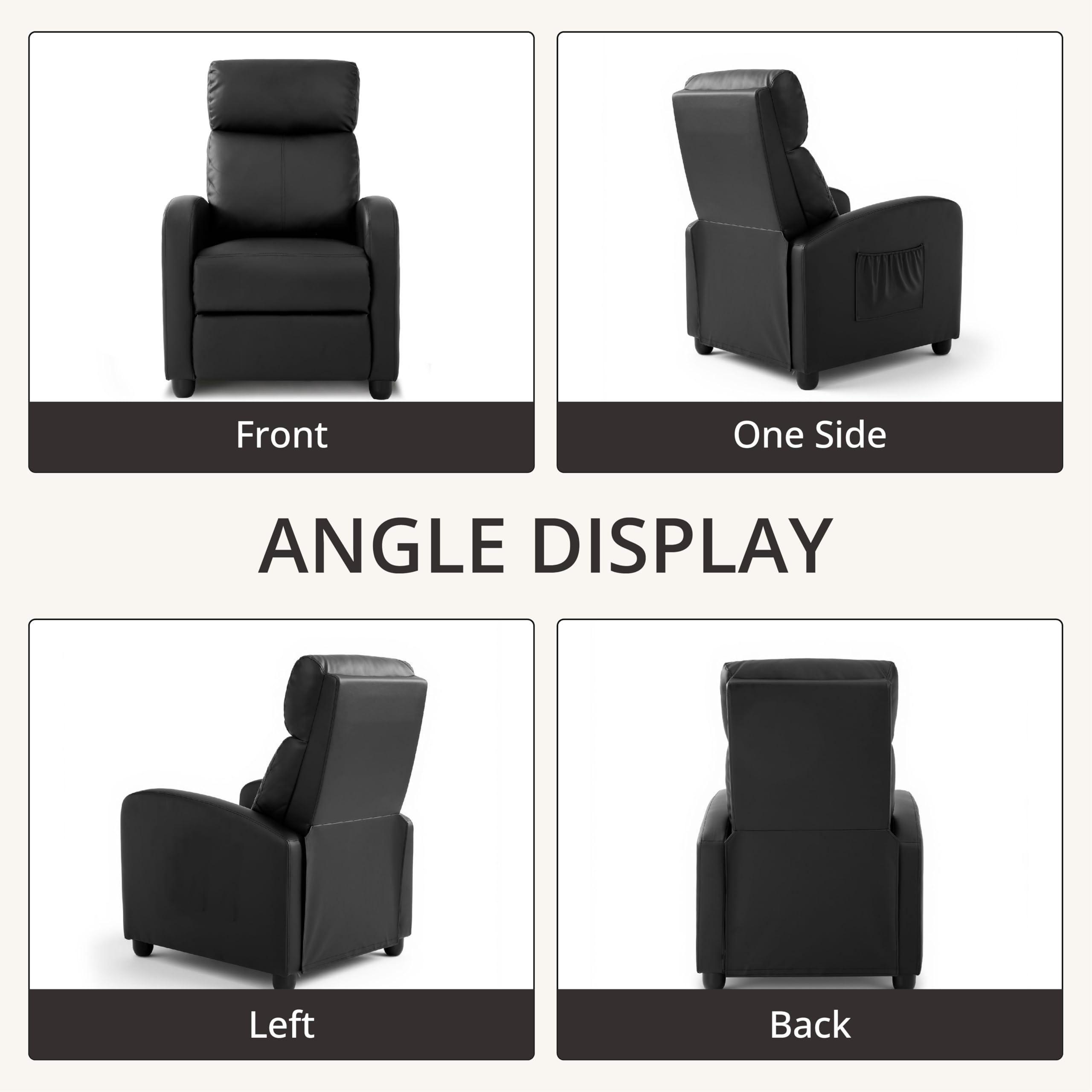 zzlay Leather Recliner Chair for Living Room, Modern Adjustable Home Theater Seating Single Sofa with Adjustable Backrest & Padded Armrests, Manual Push Back Armchair for Small Spaces,Black