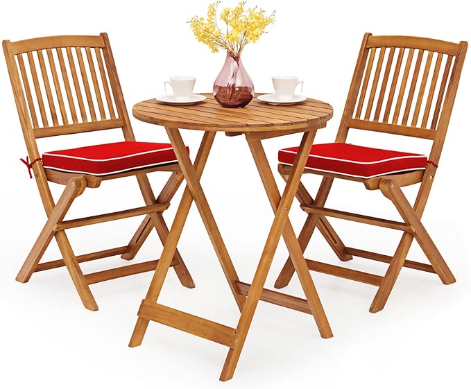3-Piece Acacia Wood Folding Patio Bistro Set with Cushions