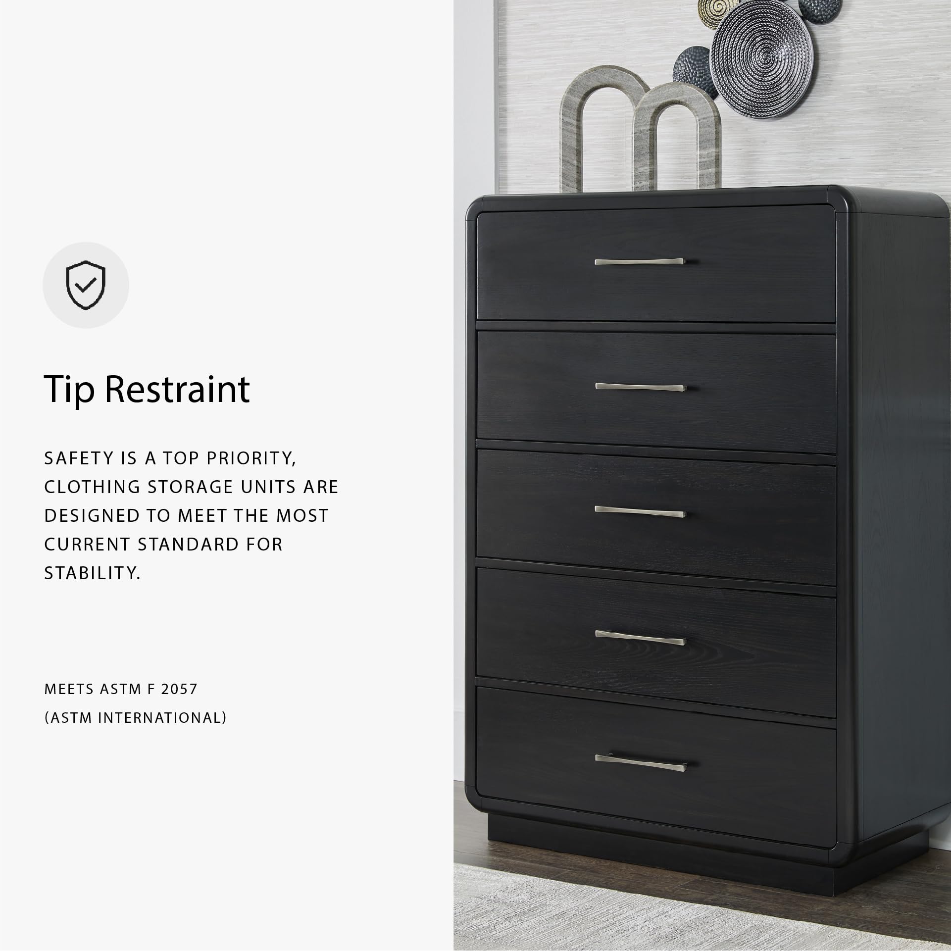 Signature Design by Ashley Rowanbeck Modern 5 Drawer Chest with Felt-Lined Top Drawer and Safety Stop, Black