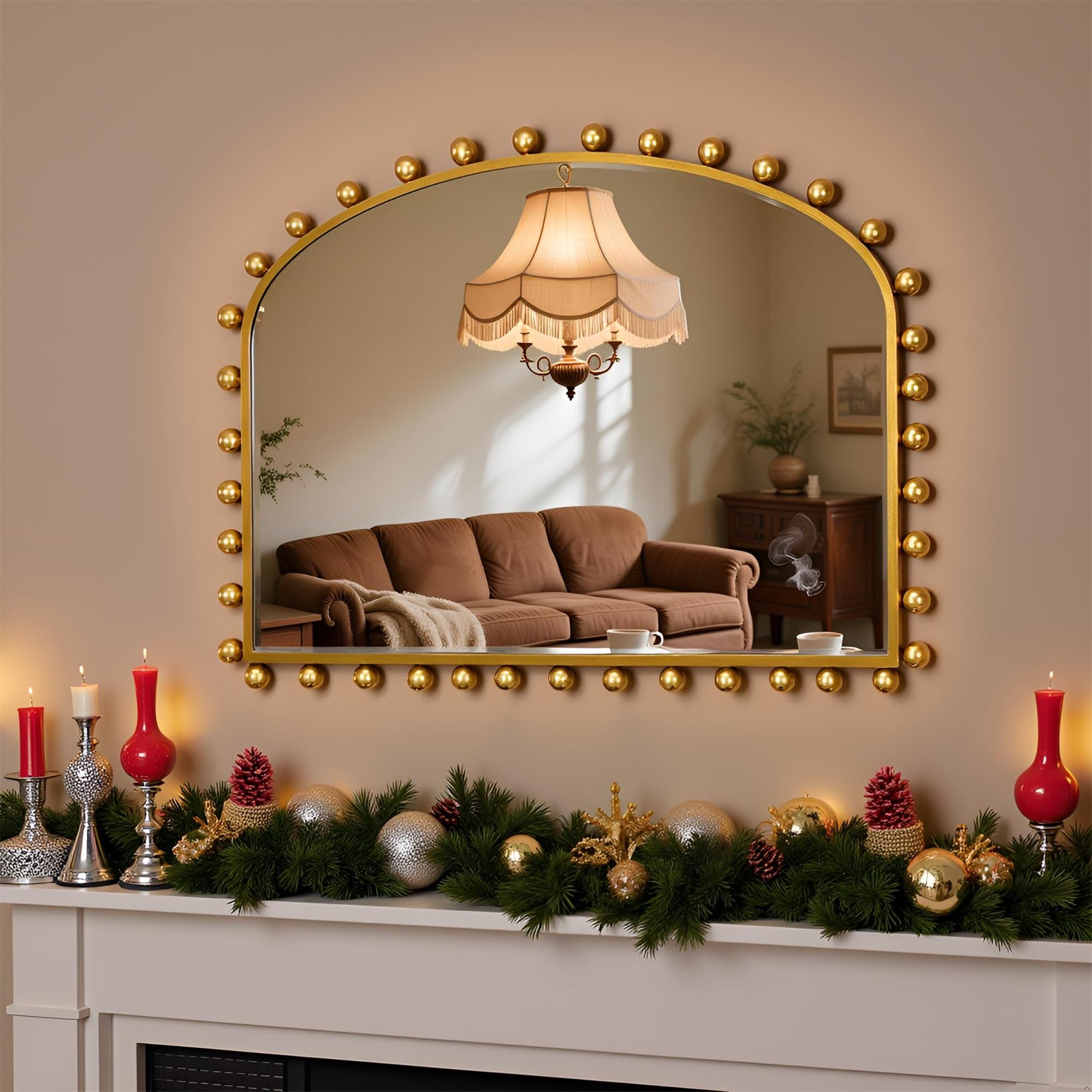 Wide Arch Wall Mirror with Antique Gold Ball Frame & Beveled Glass