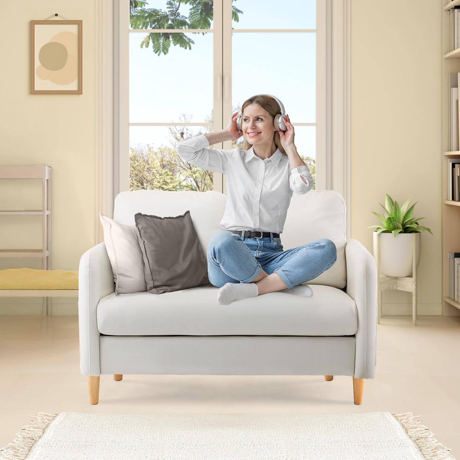 VINGLI 47" Small Couch, Beige Loveseat Mini Couch Mid Century Modern Decor Love Seat for Small Spaces Living Room, Bedroom, Play Room