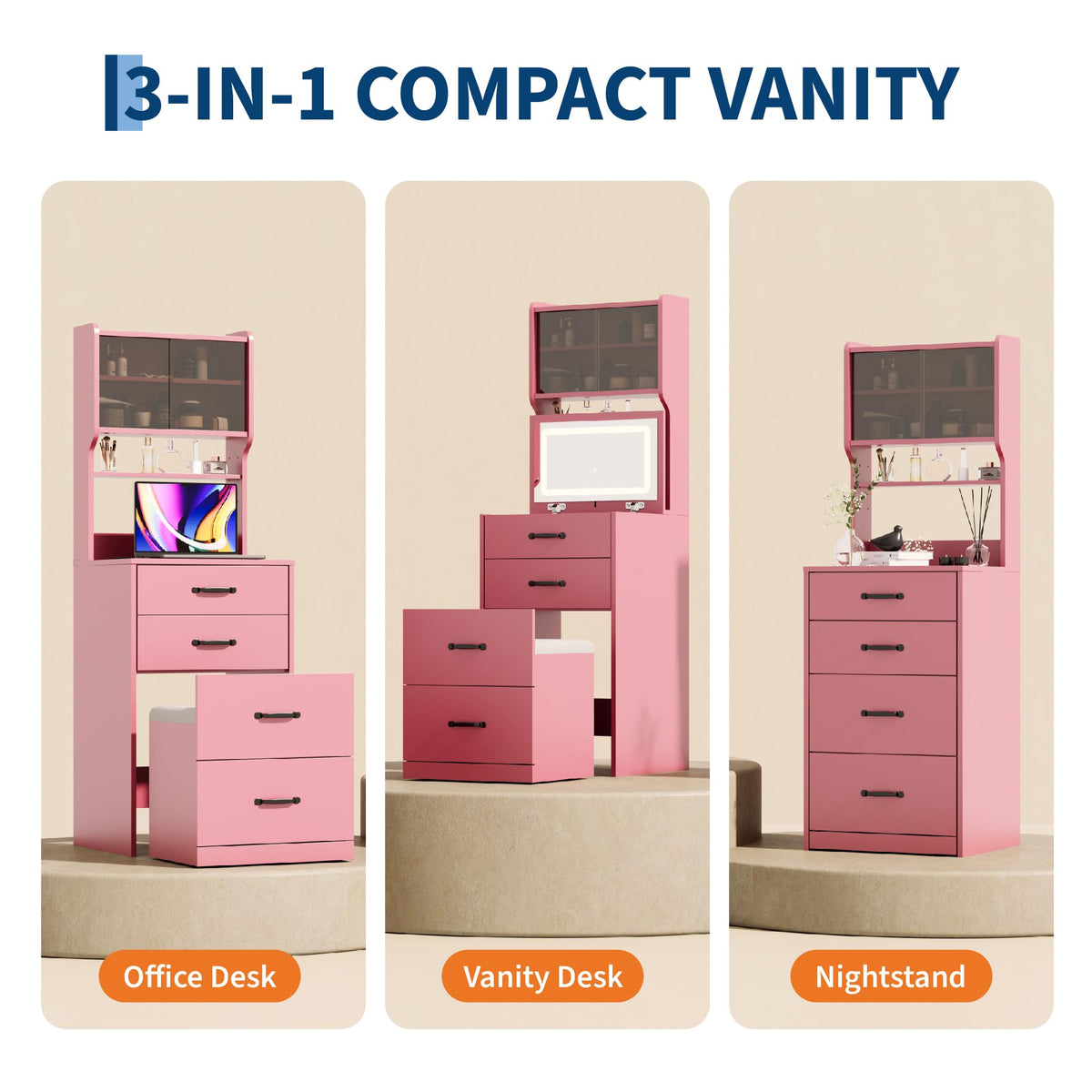 Pink Vanity Desk with LED Mirror