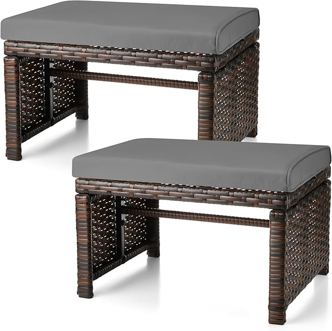 Outdoor Rattan Ottoman Set of 2 with Removable Cushions