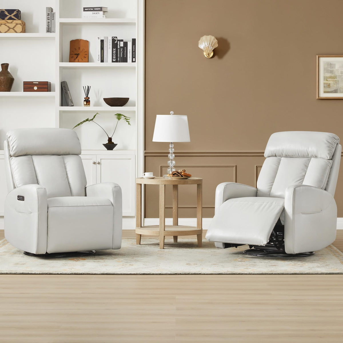 CHITA Genuine Leather Power Recliner Chair, Swivel Rocker, Creamy Grey