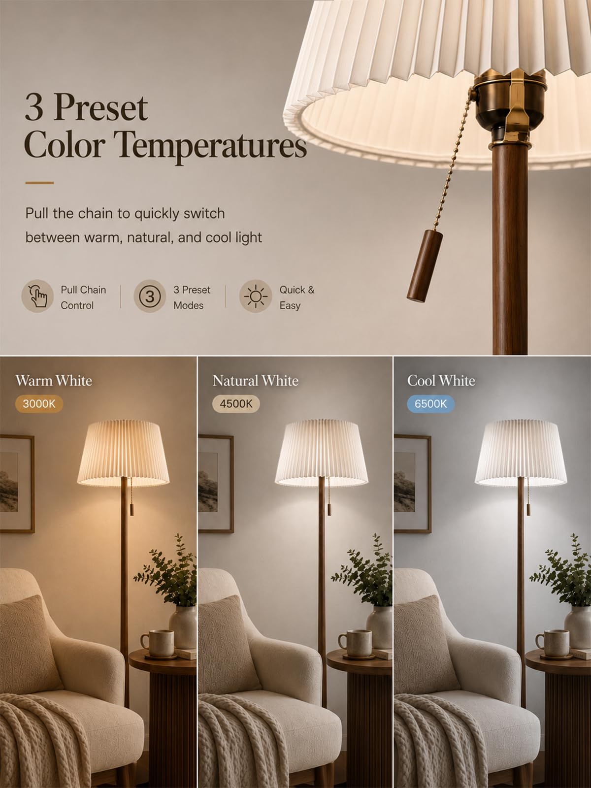 MOFFE 65" Mid Century Real Wood Floor Lamp with Remote, Sculptural Standing Lamp with Teardrop Base & Wooden Pull Chain, Dimmable with Adjustable Color Temperature & Timer (Bulb Included)