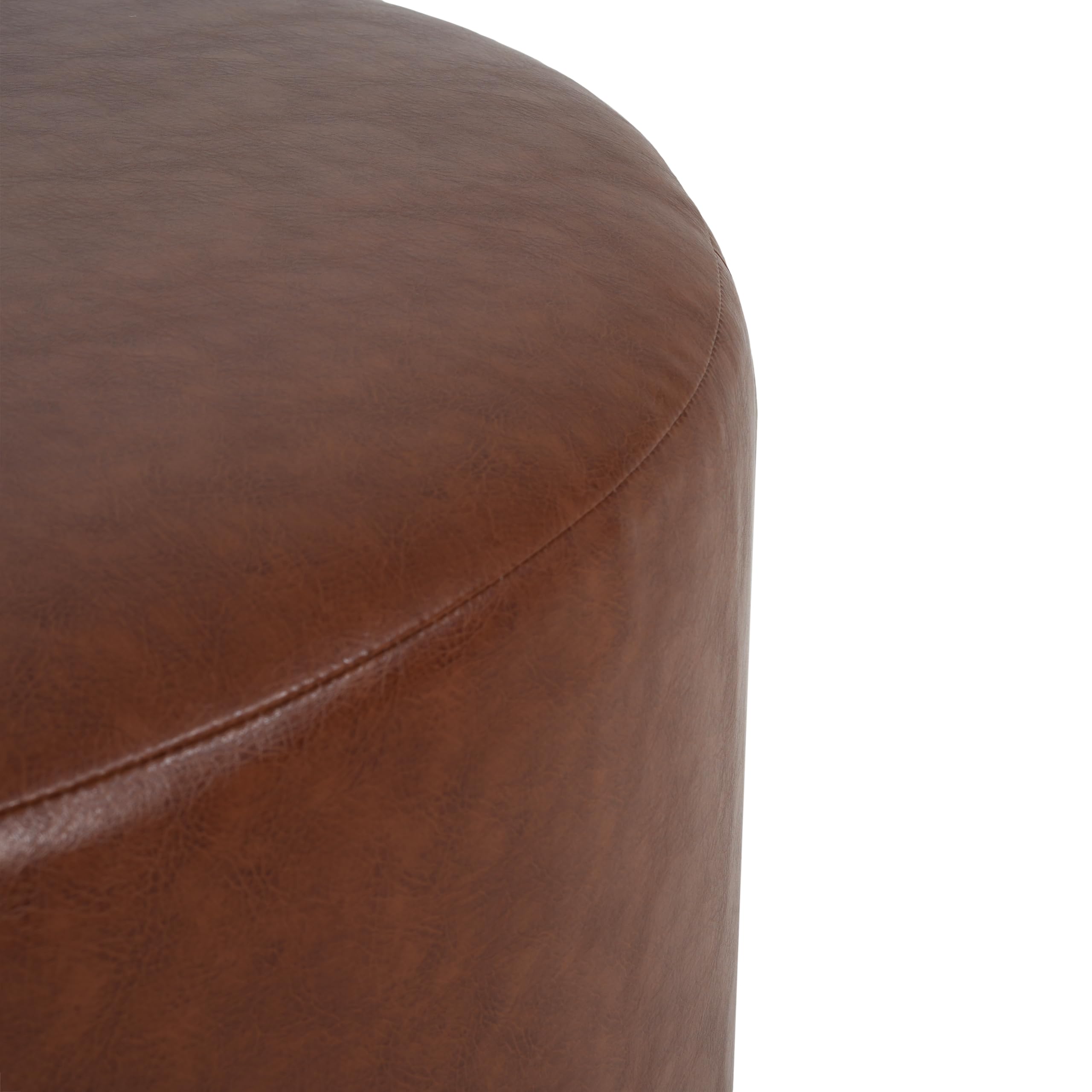 Christopher Knight Home GAVI 30" Ottoman Foot Stool, Faux Leather Pouf Footstool Ottoman Seat, Upholstered Foot Chair, Round Footrest, Modern Side Table for Living Room Bedroom Home Decor, Brown