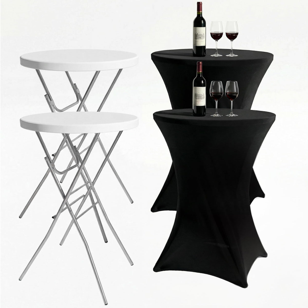 2-Pack 28 Inch Round Folding High Top Cocktail Tables with Dual Black Tablecloths, Portable Bar Height Bistro Set, Detachable Legs, Heavy Duty Indoor Outdoor Furniture for Wedding, Party & Events