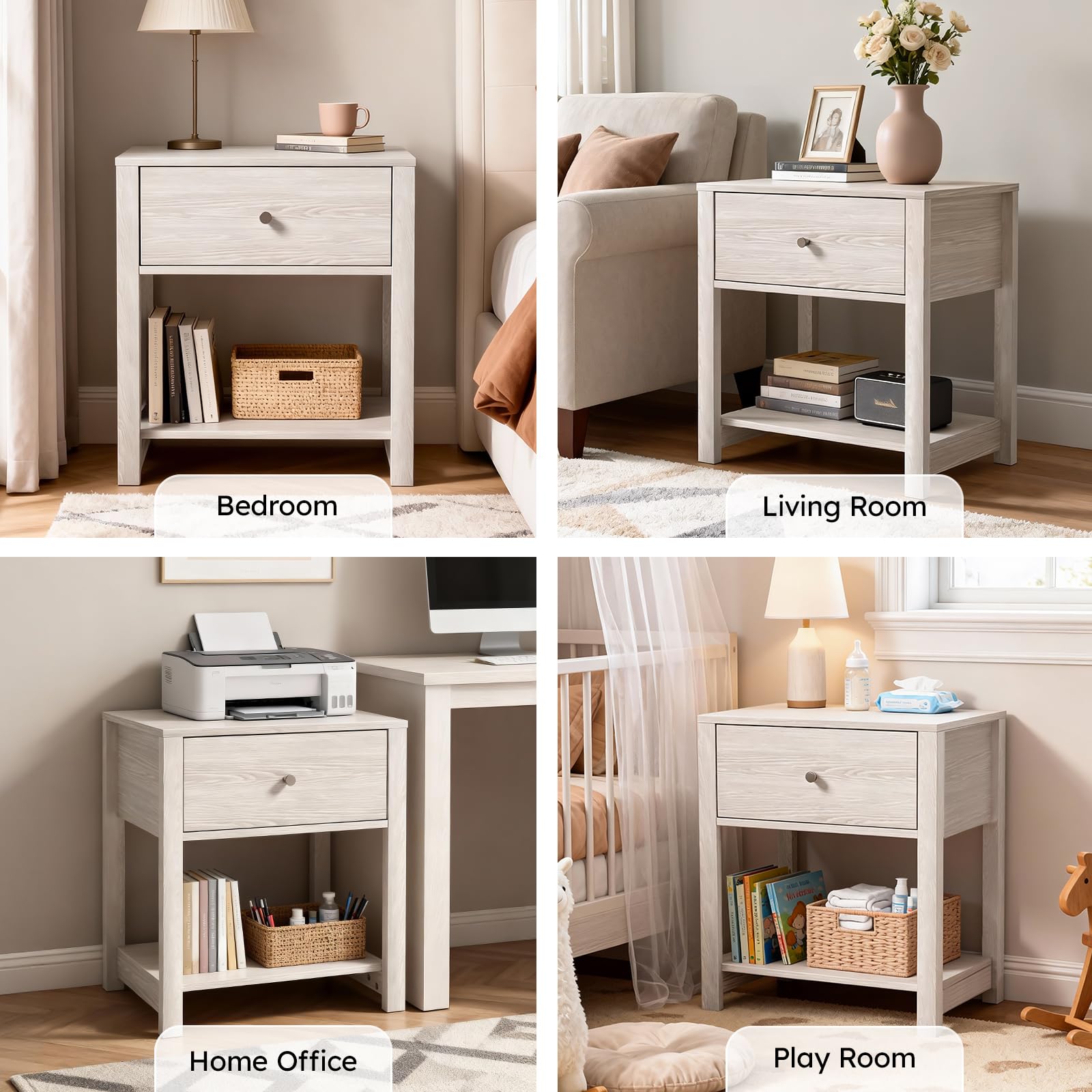 White Nightstand Set of 2 with Drawer & Storage Shelf