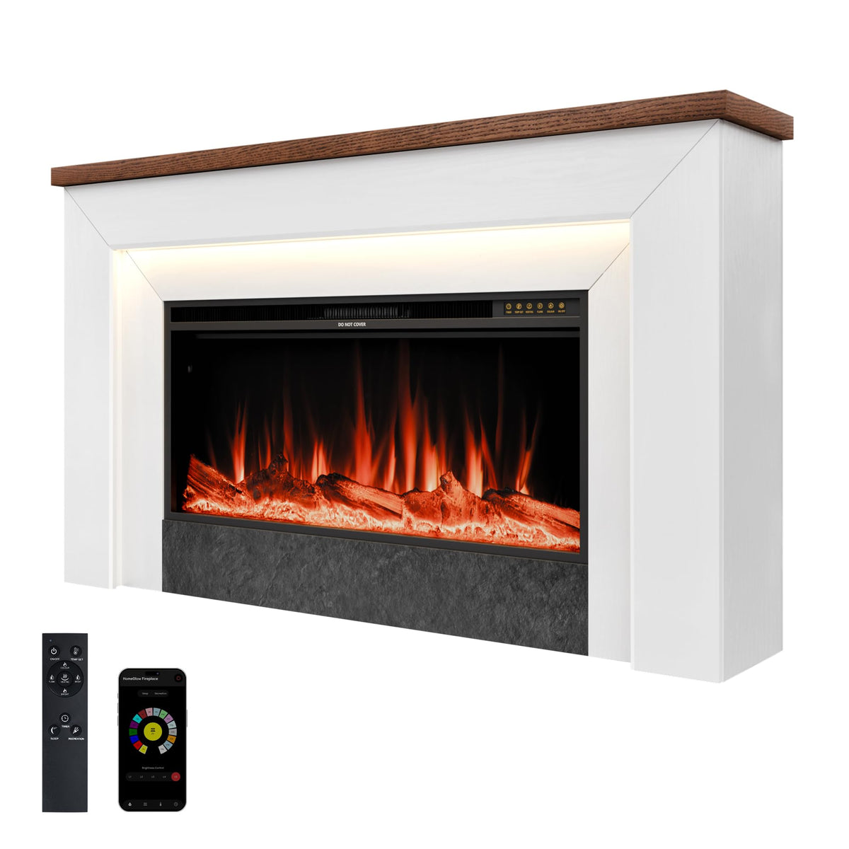 Weyderk 62" Electric Fireplace with Mantel, TV Stand with 42" Insert, 15 LED Colors & 15 Realistic 3D Flame Effects, Remote Control, 1-8h Timer, 62–84℉ Adjustable Thermostat, White