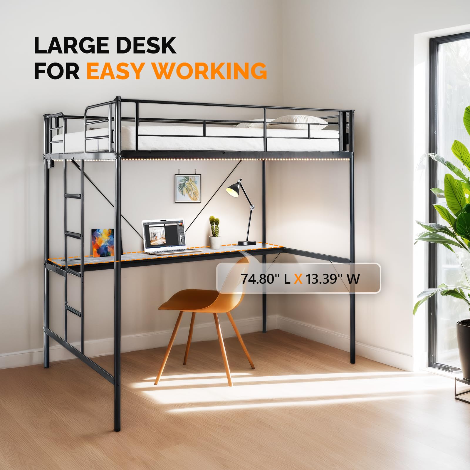 Metal Loft Bunk Bed with Desk, LED Lights & Charging Station