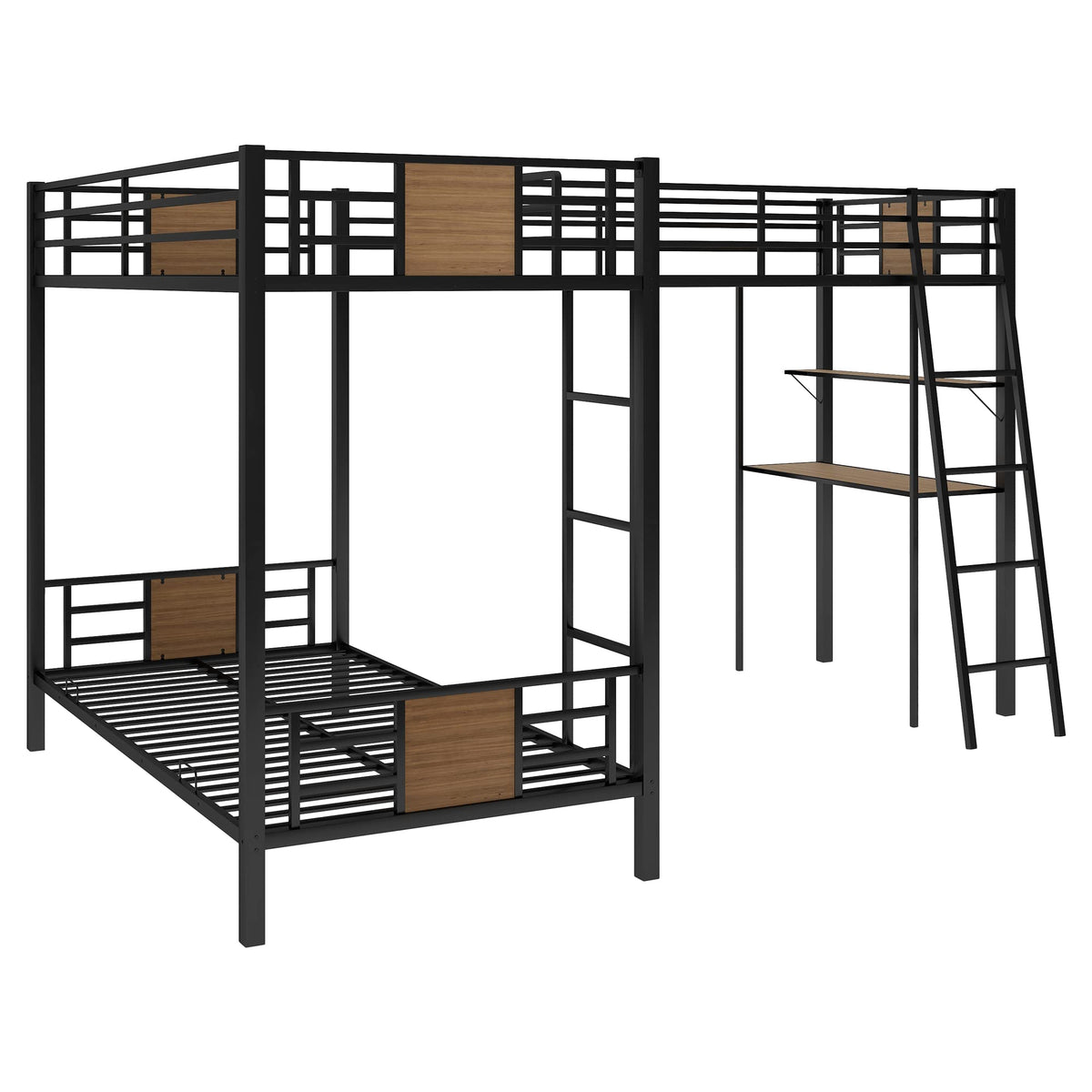 L-Shaped Twin Over Twin Bunk Bed with Twin Size Loft Bed with Desk and Shelf,Brown