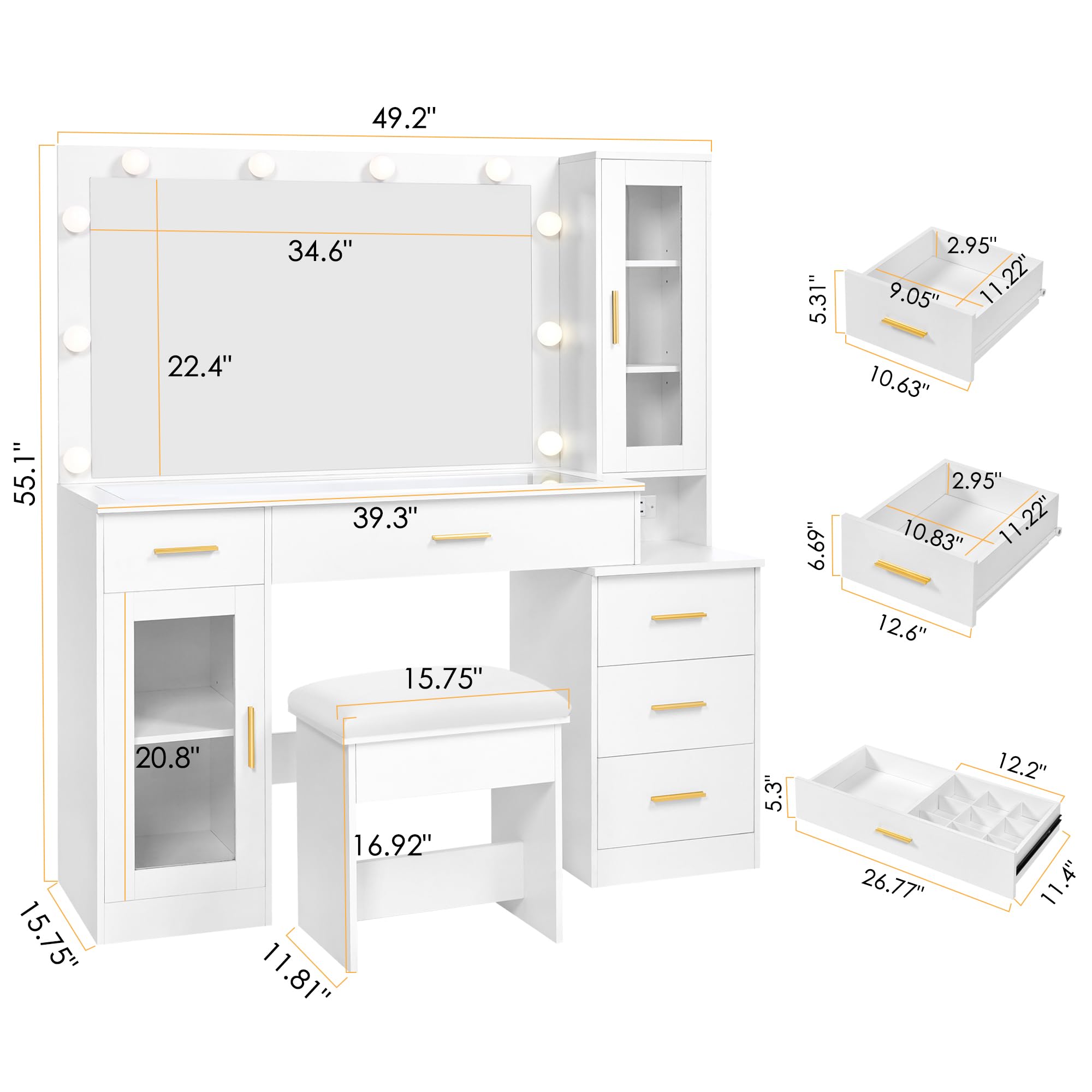 BEWISHOME 49.2" Large Vanity Desk with Mirror and Lights,White Makeup Vanity Table with Glass Top,Stool,Makeup Desk with Power Outlet,5 Drawers,Nightstand,Dressing Table for Bedroom Women FST34W