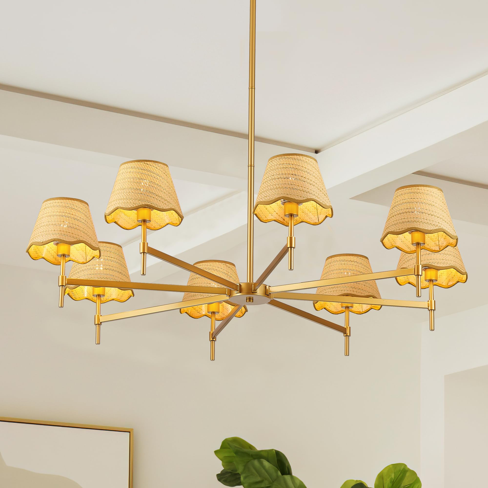 Aol furin 8-Light Boho Rattan Chandelier with Woven Shades, 43” Brass Gold Light Fixture for Dining Room,Adjustable Rustic Pendant Light for Kitchen Island Living Room Entryway,E12.