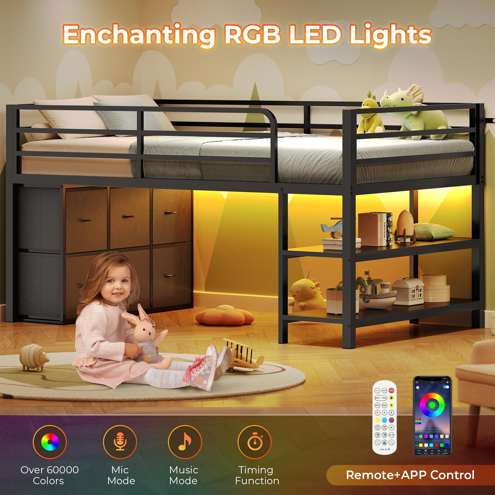 ADORNEVE Low Loft Bed Twin Size with 6 Storage Drawers, Twin Loft Bed with LED Lights, Metal Kids Loft Bed with Open Storage Shelves, Twin Bed Frame with 15" H Safety Guardrail for Kids, Black