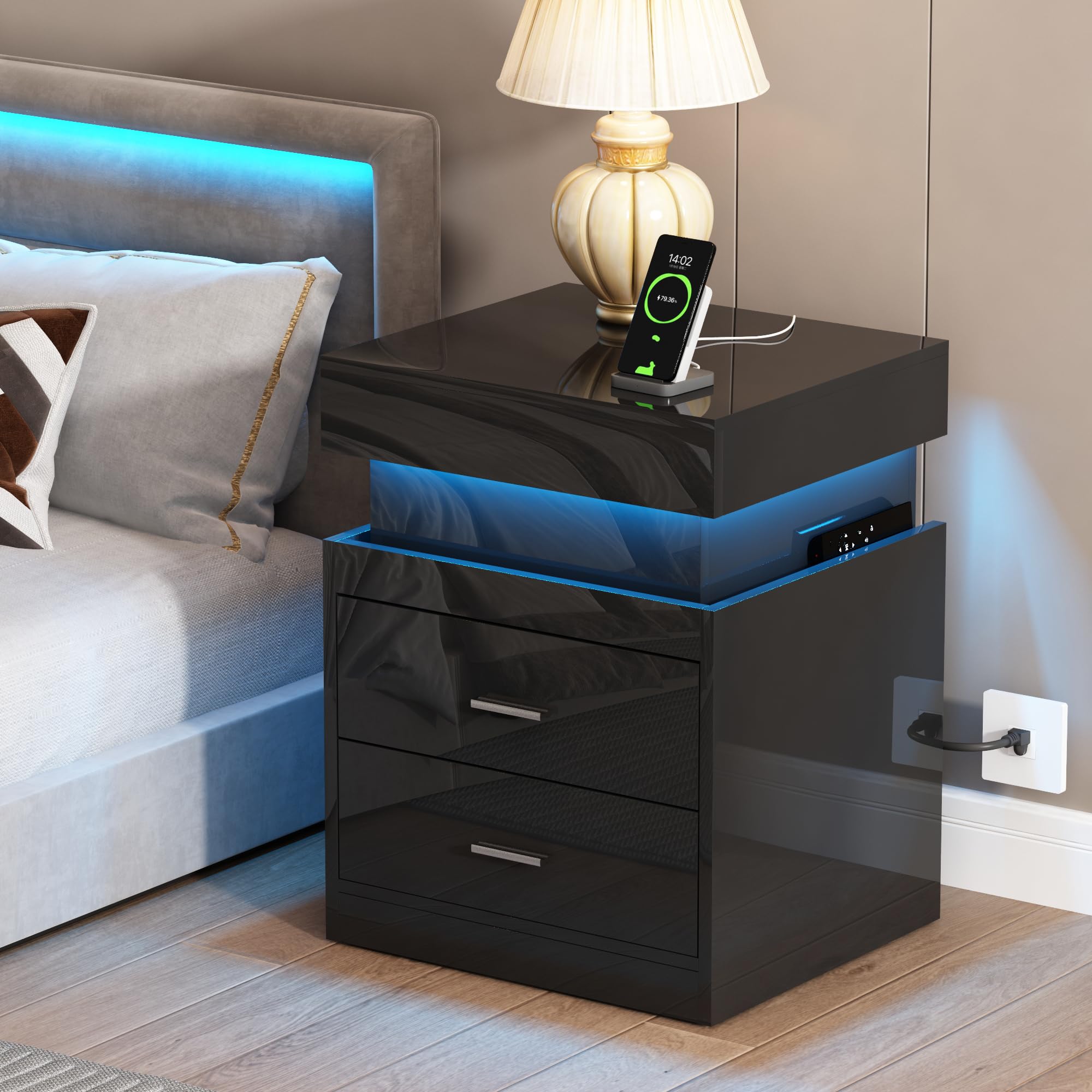LED Nightstand with Charging Station & 2 Drawers