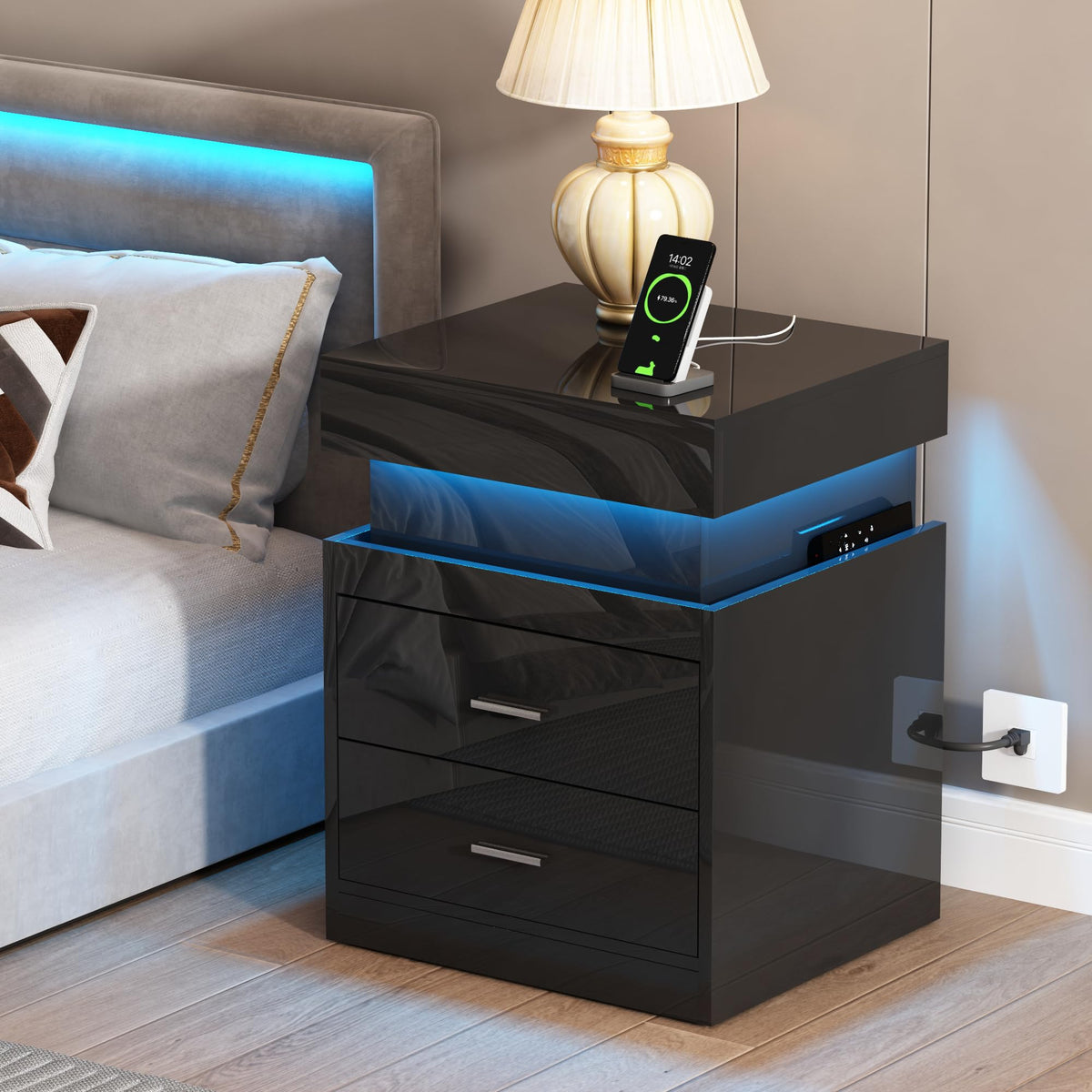 ChooChoo LED Nightstand with Charging Station and Sliding Storage